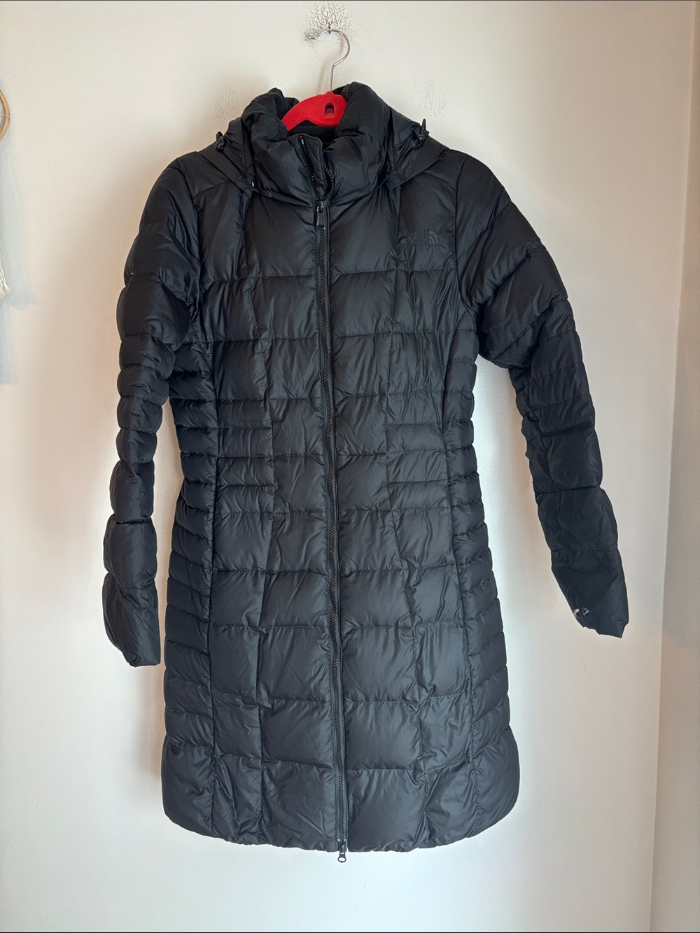 The North Face puffer Goose Down Black Long Quilted long parka hooded jacket Sm